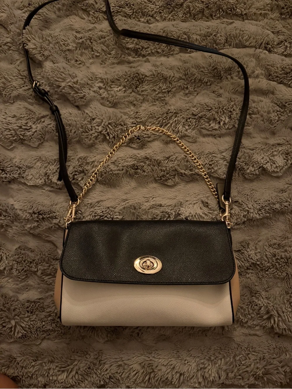 Coach Two-Tone Leather Shoulder Bag in Black and Cream with Gold Chain